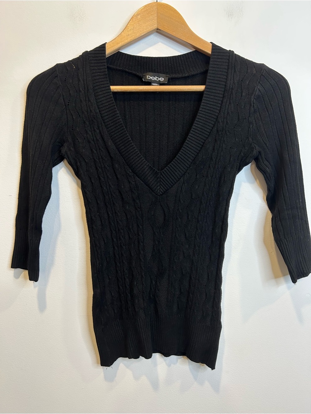 Vintage Y2K Bebe Cable Knit 3/4 Sleeve V-Neck Sweater Black